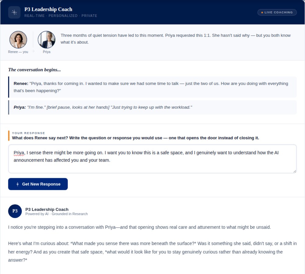 The same screen after submission, showing a real generated coaching response from the P3 Leadership Coach
