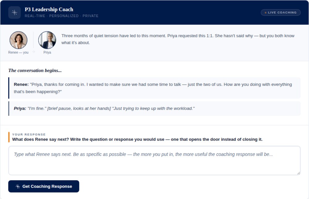 The Priya 1:1 live AI coaching screen, showing the scenario setup and an open text box for the learner's response