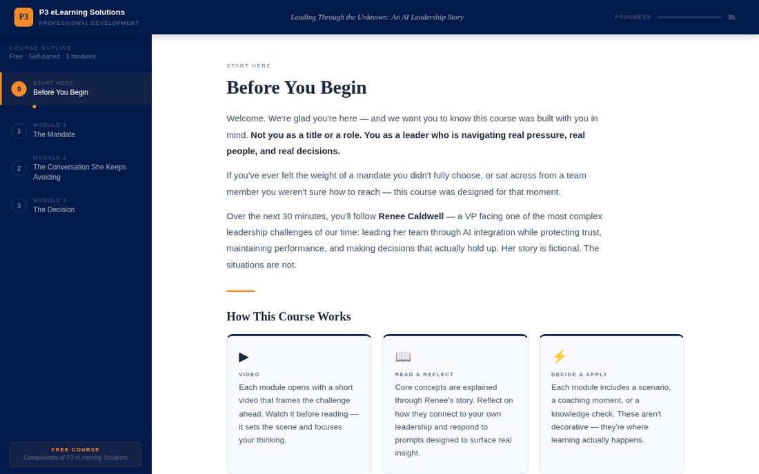 Leading Through the Unknown course landing screen, showing the module outline sidebar and course introduction