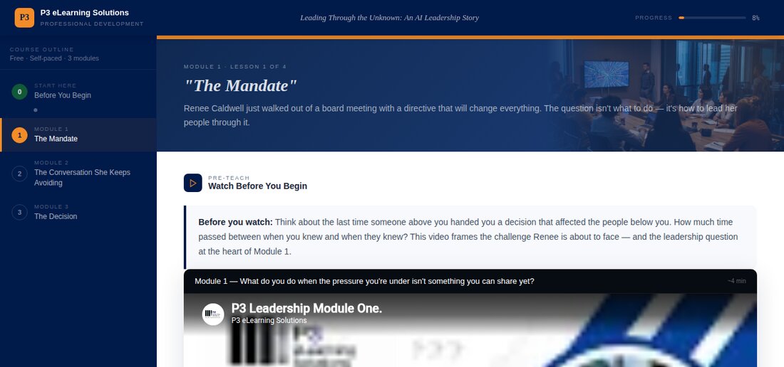 Module 1 screen, 'The Mandate', showing the pre-teach video and reflection prompt